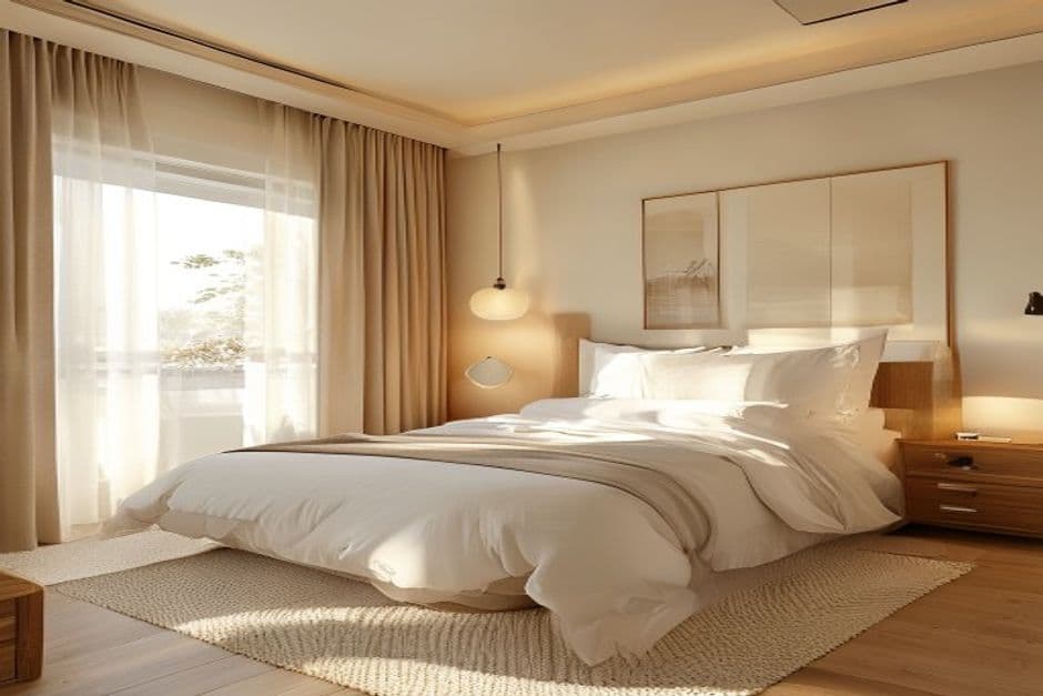 Comfortable bedroom with natural light, quality bedding, and accessible design