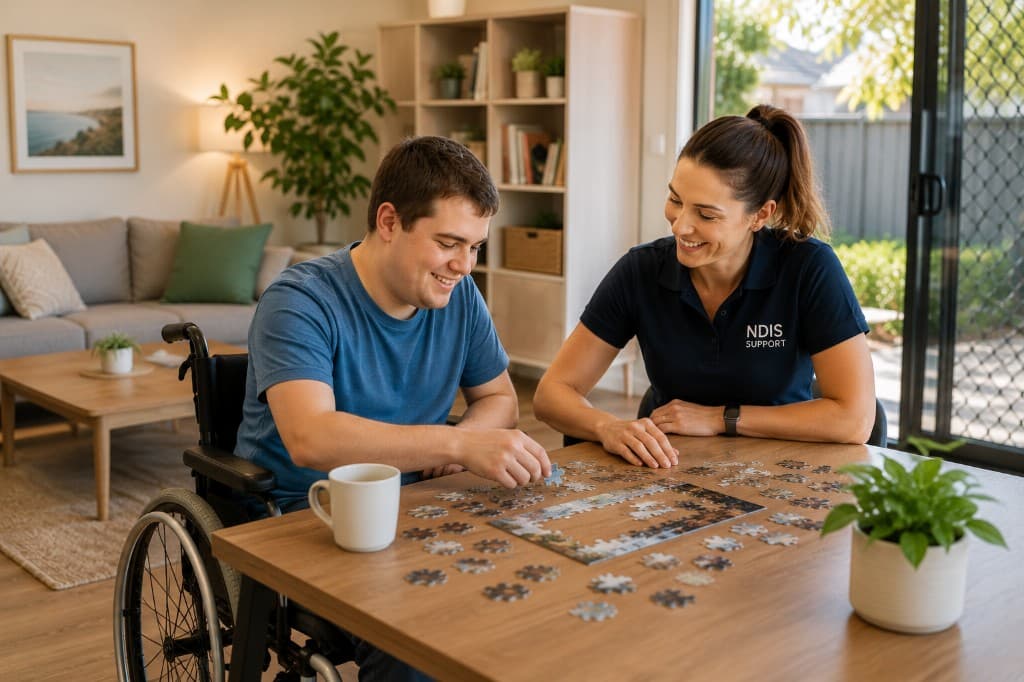 NDIS support worker and participant doing a puzzle together in a bright, home-like living room